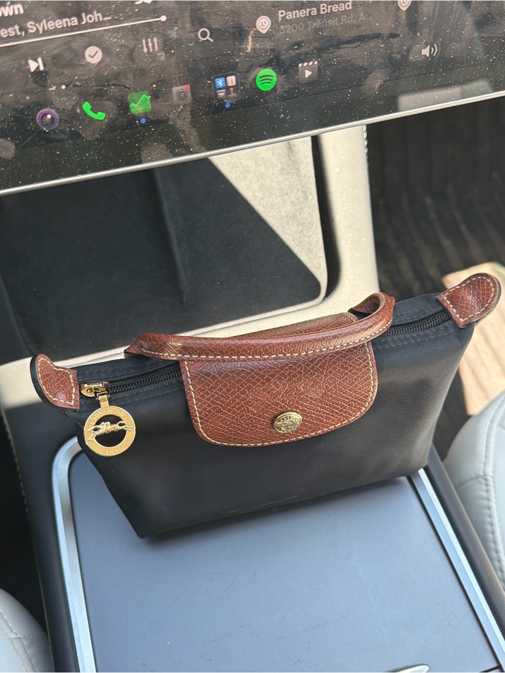Longchamp Black Nylon Cosmetic Pouch with Brown Leather Trim